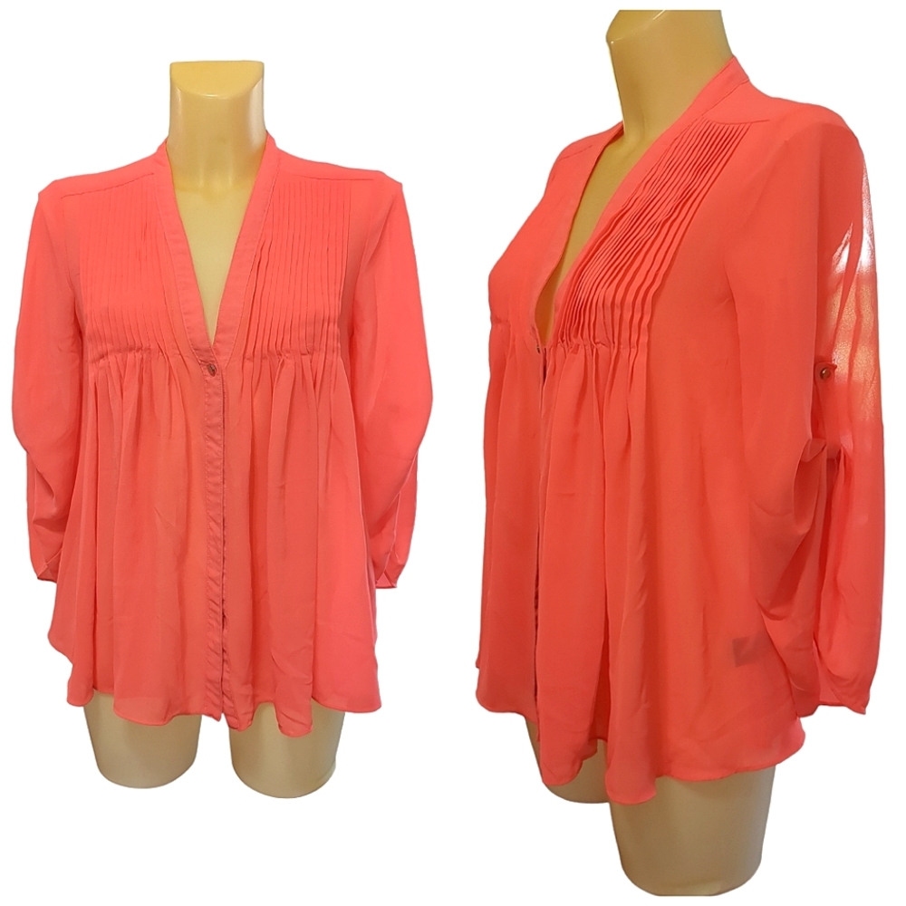 ❗FREE with Purchase❗ARK & CO Neon Orange Pink Pleated Sheer Flowy Sleeve Blouse